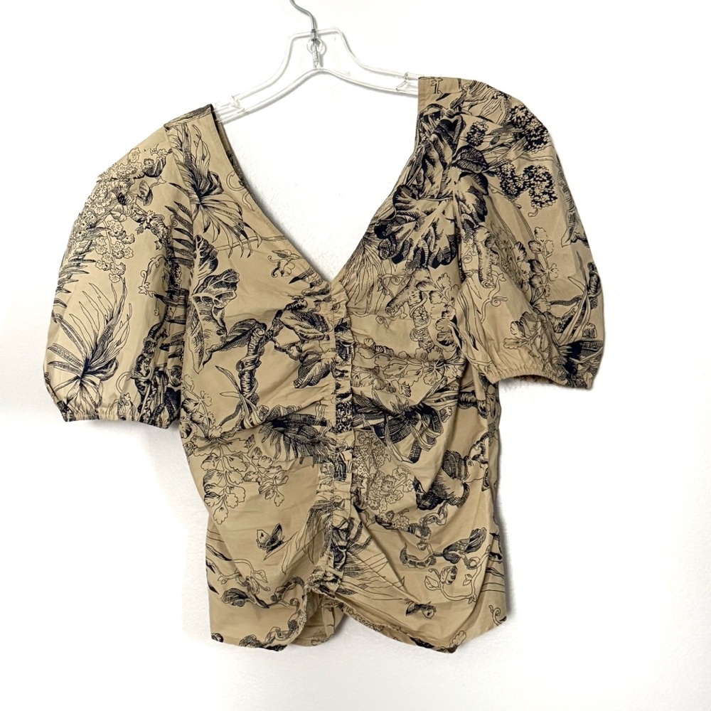 Ruched V-Neck Puff Sleeve Blouse in Beige Floral Print